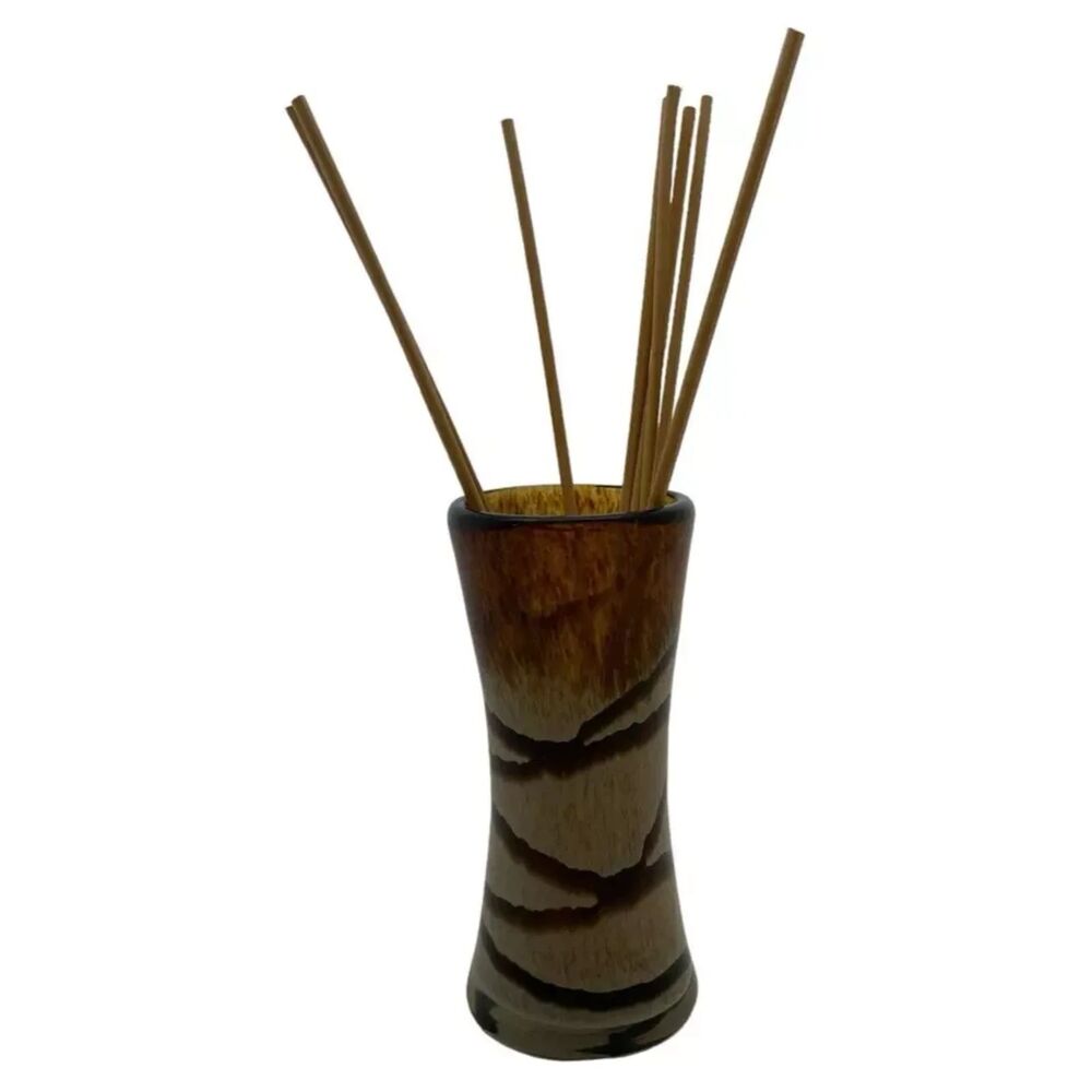 Incense Vase Tan & Brown Hand Blown Swirl Art Glass VNT